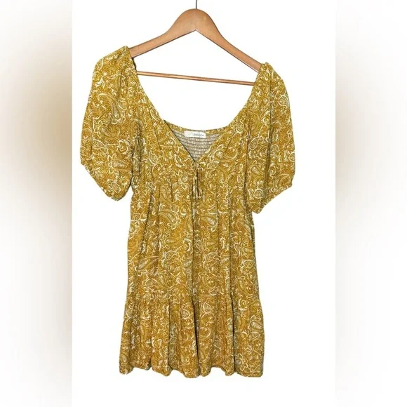 Rewind Boho Mixed Paisley Print Juniors Sz Large Yellow Mini Dress - Picture 1 of 9
